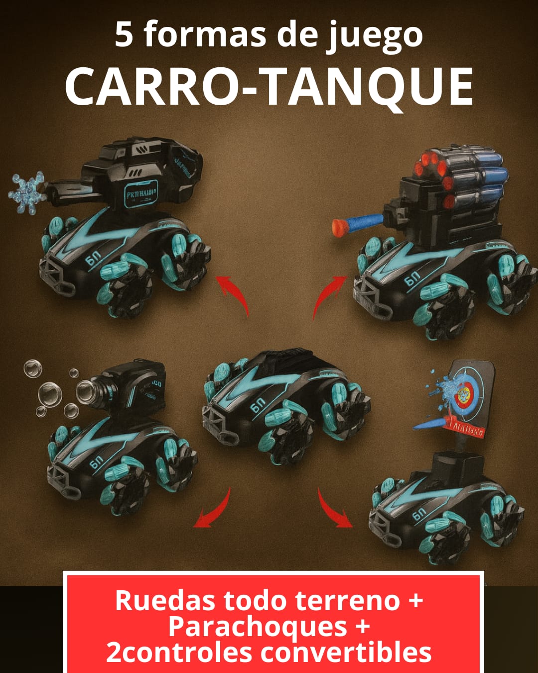 Carro Tanque RC 4 en 1 – Lanzador Hidrogel, Dardos, Burbuja y Tiro al Blanco